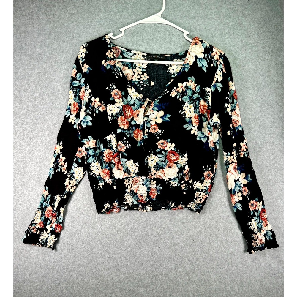 Moa Moa Top Womens Medium Black Floral Casual Party Smocked V Neck Button Front